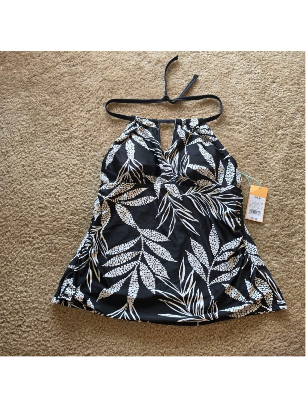 Women's Kona Sol Black White Leaf Print Halter Tankini Top Size Small
